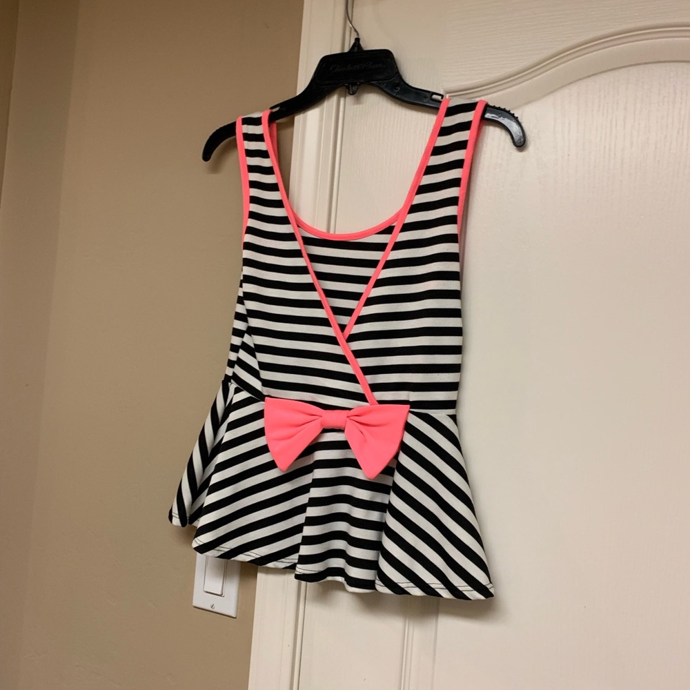 Love Culture Black and White Striped Peplum Top with Pink Accents